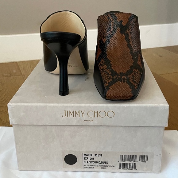 Jimmy Choo Marcel 85mm Snake Effect Leather Square-Toe Mules (Black Tan) - Picture 9 of 15